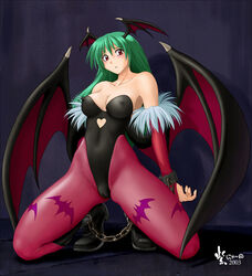 00s 2000s 2003 blush bondage breasts cameltoe cleavage clothing darkstalkers demon_girl erect_nipples erect_nipples_under_clothes green_hair morrigan_aensland murasaki_nyaa nipples nyanko_batake small_breasts succubus wings