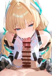 1boy 1girl absurdres angela_balzac bar_censor blonde_hair blue_eyes breasts censored elbow_gloves erection fellatio gloves hetero highres impossible_clothes impossible_leotard large_breasts leotard long_hair looking_at_viewer low_twintails male_pubic_hair nipple_stimulation nipple_tweak oral penis pov pubic_hair rakuen_tsuihou simple_background suujiniku thigh_strap twintails white_leotard