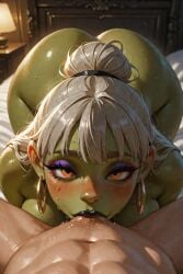 1boy 1girls ai_generated brown_hair female goblin goblin_female gray_highlights green_skin hairbun human_male humanoid humanoid_female male/female orange_eyes original_character pointy_ears scorpianpp self_upload short shortstack stable_diffusion straight_hair straight_sex talia_skittrix