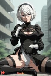 1girl 2b_(nier:automata) ai_generated artist_name black_blindfold black_dress black_footwear black_gloves black_hairband black_thighhighs blue_eyes boots breasts building cameltoe cleavage cleavage_cutout clothes_lift clothing_cutout dress feather-trimmed_sleeves finger_to_mouth gloves hair_between_eyes hairband hexogen high_heel_boots high_heels highleg highleg_leotard juliet_sleeves leotard long_sleeves looking_at_viewer medium_breasts mole mole_under_mouth nier nier:_automata nier_(series) no_blindfold outdoors patreon_username puffy_sleeves short_hair side_slit sitting solo thigh_boots thighhighs thighhighs_under_boots thighs turtleneck vambraces white_hair white_leotard yorha_2b