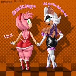 abstract_background amy_rose big_ass big_breasts brown_skin cellulite ear_piercing earrings gloves high_heel_boots high_heels highres holding_hands huge_ass huge_breasts innocent latex latex_clothing latex_legwear latex_suit ongio rouge_the_bat rouge_the_bat_(cosplay) skirt smiling sonic_(series) sonic_the_hedgehog_(series) stilletos tanned tanned_skin text virgin