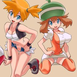 2girls alternate_breast_size beret bianca_(pokemon)_(cosplay) big_breasts blue_eyes breasts brown_hair cameltoe cleavage cosplay costume_switch dress erect_nipples female hairless_pussy hat hilda_(pokemon)_(cosplay) huge_breasts human human_only kneeling may_(pokemon) misty_(pokemon) multiple_girls nintendo no_panties open_fly open_mouth open_shorts orange_hair otsukare panties pantyshot pokemon pokemon_bw pokemon_rgby pokemon_rse pussy shorts side_ponytail sinister_serpent sinisterzerpent smile spread_legs thighhighs tied_hair underwear