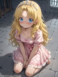 ai_generated athanasia_de_alger_obelia barefoot blonde_hair blue_eyes blush breasts closed_mouth collarbone dress female jellyray_ai long_hair looking_at_viewer pink_dress short_sleeves sitting small_breasts solo tiara wavy_mouth webtoon who_made_me_a_princess