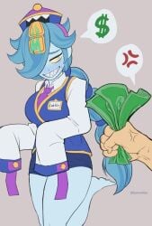 anger_vein barefoot beafandraw big_breasts blue_hair blue_skin brawl_stars colette_(brawl_stars) feet feet_up inspector_colette money offering_money one_eye_covered oversized_clothes smiling tagme unseen_character