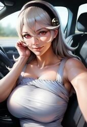 1girls 2024 2024s ai_generated big_breasts black_hairband breasts clothed clothed_female clothing corrin_(fire_emblem) corrin_(fire_emblem)_(female) female female female_only fire_emblem fire_emblem_fates hair_between_eyes hairband human human_female human_only light-skinned_female light_skin long_hair looking_at_viewer nai_diffusion nintendo red_eyes selfie sitting smile solo solo_female stable_diffusion video_game video_game_character video_games white_hair