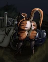 anthro ass boots clothing dinosaur female footwear genitals grass gun hi_res holding_object multicolored_body night orange_body outside plant prehistoric_species pussy ranged_weapon reptile scalie shaded shoes solo stripes tail tree vehicle weapon xcronic yellow_eyes