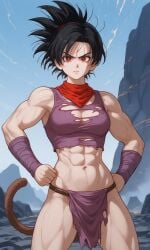 abs ai_generated black_hair dragon_ball dragon_ball_super dragon_ball_z female loincloth midriff muscular muscular_female navel original_character pelvic_curtain red_eyes saiyan saiyan_girl saiyan_tail spiked_hair tail torn_clothes