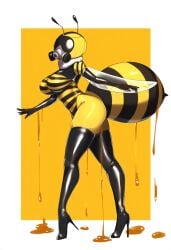 ai_generated antennae bee_girl drone female hazmat_creature heeled_feet helmet high_heels rosythedroid tagme thigh_boots transformation wings