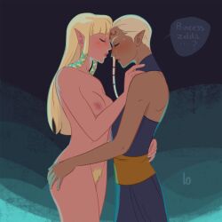 2girls blonde_hair breasts brown-skinned_female brown_skin closed_eyes clothed_female_nude_female completely_nude dark-skinned_female dark_skin english_text female_pubic_hair forehead-to-forehead forehead_tattoo heads_together highres hug impa impa_(skyward_sword) light-skinned_female lophilia_spicy medium_breasts multiple_girls nipples nude pointy_ears princess_zelda pubic_hair skyward_sword sleeveless speech_bubble the_legend_of_zelda the_legend_of_zelda:_skyward_sword yuri zelda_(skyward_sword)