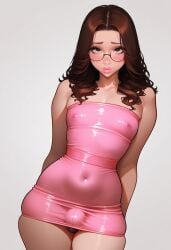 1boy ai_generated androgynous black_eyes blush brown_hair bulge civitai claire_(truep81) crossdressing femboy feminine_male girly glasses long_hair looking_at_viewer looking_up_at_viewer male male_only pink_dress pink_lips pink_lipstick thick_thighs thighs tube_dress