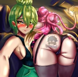 2girls ass green_hair lunaria_ayaren presenting_anus presenting_ass red_hair ryumivt showing_ass sideboob tagme thighhighs vtuber