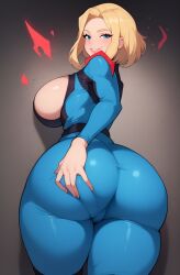 ai_generated armor ass big_breasts black_leotard black_shirt blonde_hair blue_bodysuit blue_eyes eteeming hands_on_ass holding_ass huge_ass kara_zor-el my_adventures_with_superman nude power_girl smile