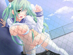 bra breasts cum green_eyes green_hair nipples panties sanae_kochiya sex thighhighs touhou uncensored underwear yayoi_and_nagi zettai_ryouiki