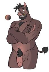 2020 adam_(equinoxirokitsune) anthro arm_scar ass balls belly biceps black_hair body_hair brown_eyes chest_hair chest_tuft crossed_arms ear_piercing facial_hair genitals goatee grin hair hi_res humanoid_genitalia humanoid_penis joojoo looking_at_viewer male mammal manly mature_male musclegut muscular muscular_arms muscular_thighs navel pecs penis piercing pubes scar shoulder_scar simple_background slightly_chubby smile smiling_at_viewer solo standing suid suina sus_(pig) triceps tuft tusks white_background wild_boar