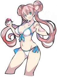ball bikini breasts cleavage cropped_legs double_bun female holding_poke_ball large_breasts long_hair navel open_mouth poke_ball poke_ball_(basic) rosa_(pokemon) side-tie_bikini simple_background smile solo swimsuit twintails white_background white_bikini