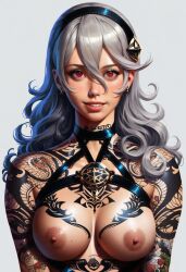 1girls 2024 2024s ai_generated belt black_hairband blush breasts choker corrin_(fire_emblem) corrin_(fire_emblem)_(female) female female female_only fire_emblem fire_emblem_fates grey_hair hair_between_eyes hairband human human_female human_only intelligent_systems light-skinned_female light_skin long_hair looking_at_viewer medium_breasts nai_diffusion nintendo nipples nude nude_female shiny_hair simple_background solo solo_female stable_diffusion standing tattoo tattoos video_game video_game_character video_games white_background white_hair