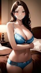 1girls ai_generated ai_mirror arm_under_breasts bed bedroom bedside_table belly_button blue_underwear blush brown_eyes brown_hair lamp long_hair looking_at_viewer medium_breasts pillow smile standing underwear white_skin