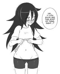 1girls belly black_hair blush english_text female female_only flat_chest jadf kuroki_tomoko lifted_by_self long_hair monochrome navel presenting_belly shirt_lift shorts simple_background small_breasts solo speech_bubble stomach sweat t-shirt text thick_thighs thighs trembling watashi_ga_motenai_no_wa_dou_kangaetemo_omaera_ga_warui! white_background