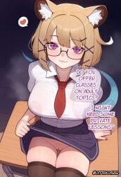 1girls :3 ai_generated animal_ears arknights big_breasts black_legwear black_stockings blonde_hair breasts english_text eyelashes female female_only glasses hairclip hairless_pussy highres kemonomimi lattekoi5252 legwear light-skinned_female light_skin looking_at_viewer looking_up looking_up_at_viewer nail_polish nipples_visible_through_clothing no_bra no_panties purple_hair purple_nails pussy red_tie school_uniform schoolgirl seductive see-through see-through_clothing sexually_suggestive shaved_pussy shirt skirt skirt_lift skirt_lifted_by_self solo spoken_heart stockings tagme tail text thick_thighs thighs tie translucent_clothing uncensored utage_(arknights) vagina white_shirt