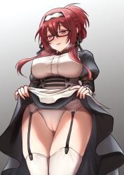 apron big_breasts blush breasts cameltoe closed_mouth garter_belt garter_straps glasses hair_ribbon hairband lillia_greyrat long_hair maid_apron midknight_777_(henthaisan) milf mushoku_tensei panties pantyshot ponytail purple_eyes red_hair skirt skirt_lift sweatdrop thighhighs thighs underwear visible_breath white_panties white_thighhighs zettai_ryouiki