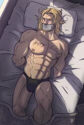 bed black_underwear bondage bound chest chris_hemsworth duct_tape duct_tape_gag happy_birthday laying_on_bed muscular muscular_male pillow sunrise thor_(marvel) window