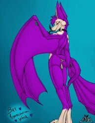 ajizza_(artist) andromorph anthro ass bat bat_appreciation_week collar collar_only cuntboy furgonomics furry-specific_piercing genitals hi_res intersex mammal metras_(ajizza) nude piercing presenting pussy solo tail wing_piercing wings