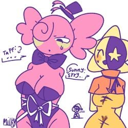 astro_(dandy's_world) bondage dandy's_world embarrassed_face milky_goober oc ribbons shocked_expression simple_background sunny_(milky_goober) taffi_(milky_goober) tied_up