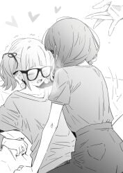 2girls animal_ears closed_eyes commentary fingering girls_band_cry glasses greyscale heart highres hina_(girls_band_cry) iseri_nina long_sleeves lwmina70119 monochrome multiple_girls open_mouth pants saliva shirt shirt_tucked_in short_sleeves short_twintails twintails yuri