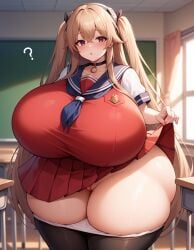 ? ai_generated anchorage_(azur_lane) ass_visible_through_thighs azur_lane black_thighhighs chestnut_mouth choker classroom gigantic_ass gigantic_breasts panties_down pussy red_skirt school_uniform serafuku skirt_lift stable_diffusion thick_thighs upskirt venus_body wide_hips