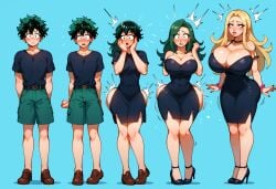 ai_generated ass_expansion bimbo bimbo_body bimbofication bimbofied breast_expansion female female_deku gender_transformation hair_color_change hair_growth izuku_midoriya large_ass large_breasts lip_expansion lips mtf_transformation my_hero_academia tgenerated thick_thighs thigh_expansion transformation transformation_sequence wide_hips