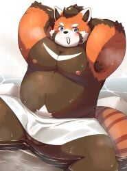 2024 ailurid anthro armpit_hair balls belly blue_eyes blush body_hair genitals hi_res kemono male mammal moobs nipples overweight overweight_male red_panda sitting solo tamacolle towel utu_kuma257 water