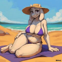 ai_generated beach floppy_ears hat horns large_breasts looking_at_viewer mature_female nipple_outline sitting smiling thick_thighs toriel tummy