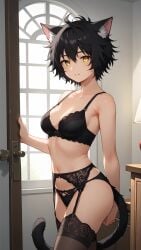 ai_generated ass bankonit black_hair bra breasts cat_ears cat_tail catgirl doorway ear_tuft female freckles_on_ass freckles_on_breasts freckles_on_face freckles_on_shoulders front_view garter_belt garter_straps indoors inviting lace lingerie medium_breasts midriff original_character parted_lips short_hair shoulders smile stable_diffusion standing stockings tail thighhighs yellow_eyes