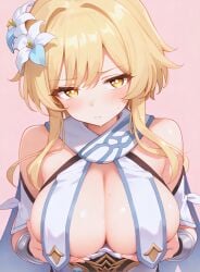 1girls ai_generated blonde_hair breasts female female_only genshin_impact large_breasts light-skinned_female light_skin looking_at_viewer lumine_(genshin_impact) solo unajyu yellow_eyes