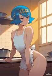 ai_generated apron apron_only ass bangs bare_arms bare_shoulders blue_eyes blue_hair blush breasts bright_pupils closed_mouth clothing cooking female female_only frilled_apron frills hadaka_apron hairband headwear indoors kachanai kitchen lana_(pokemon) looking_at_viewer looking_to_the_side pokemon pokemon_(game) pokemon_character short_hair small_breasts smile solo standing sunlight thighs trial_captain white_apron window