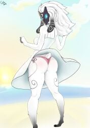 1girls 2018 animal_ears anthro artist_signature background beach big_ass body_markings cafin commissioner_upload female hooves kindred lamb_(league_of_legends) league_of_legends long_hair looking_back mask pink_bikini solo standing sundress sunset tail upskirt white_fur wind_lift