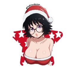 big_breasts black_hair christmas christmas_outfit cleavage fingerontheejectbutton glasses hunter_x_hunter purple_eyes shizuku_murasaki thick_lips xmas