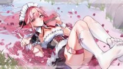 alternate_costume apron bangs blush bow breasts cleavage dress eyebrows_visible_through_hair feet female frills heart kneehighs large_breasts long_hair looking_at_viewer lying maid maid_headdress medium_breasts no_shoes on_back panties petals pink_eyes pink_hair red_eyes ribbon short_sleeves soles solo striped thigh_strap water wet wet_clothes white_legwear white_panties wrist_cuffs