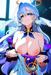 a1exwell ai_generated down_blouse female honkai:_star_rail honkai_(series) large_breasts mihoyo nipples puffy_nipples pulled_by_self robin_(honkai:_star_rail) stable_diffusion