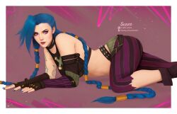 1girls arcane arcane_jinx blue_hair blue_nails braid braided_hair braided_twintails clothing female female_focus female_only jinx_(league_of_legends) league_of_legends makeup pink_eyes sezart small_breasts solo solo_female very_long_hair younger_female