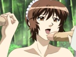 1girls 2boys bamboo bamboo_forest brown_eyes brown_hair ecchi female grabbing_penis lewd maid_cap maid_headdress mature_female naked naked_female no_bra no_clothes nonomiya_momoko nude nude_female penis pervert_female screencap shimai_tsuma_3 shimaizuma_3 uncensored