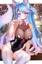 ahoge animal_ear_fluff animal_ears bangs bare_shoulders black_leotard blue_eyes blue_hair blurry blurry_background blush bow bowtie breasts cherry_blossoms cleavage eyebrows_visible_through_hair female fox_ears fox_girl fox_tail large_breasts leotard long_hair looking_at_viewer nail_polish parted_lips petals pink_neckwear silvervale sitting skindentation solo striped striped_legwear tail thighhighs vertical_stripes very_long_hair white_legwear wrist_cuffs