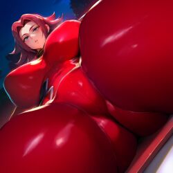 1girls ai_generated ass ass_visible_through_thighs blue_eyes bodysuit breasts c.c. cameltoe code_geass covered_nipples depressu from_below huge_breasts kallen_stadtfeld kouzuki_kallen large_breasts looking_at_viewer red_bodysuit red_hair shiny shiny_clothes skin_tight solo spread_legs