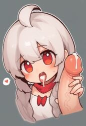 1boy 1girls ai_generated big_penis oral_sex red_eyes sex twin_braids warma white_hair