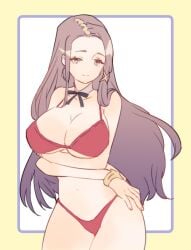 bad_id bad_twitter_id brown_hair earrings female grimms_notes huge_breasts long_hair mona_lisa_(grimms_notes) red_bikini smile solo tkan2525