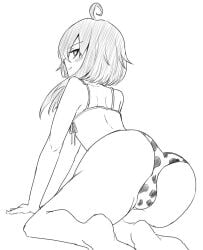 1boy ahoge barefoot cow_print_bikini grimms_notes hahn_(grimms_notes) huge_ass looking_back male_focus monochrome naughty_face otoko_no_ko simple_background smile solo source_request trap white_background