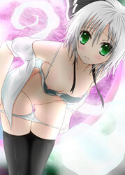 1girls bent_over black_legwear black_thighhighs bra breasts collarbone female ghost green_eyes hairband highres lingerie myon nipples open_clothes open_shirt panties panty_pull pussy shirt short_hair silver_hair solo thighhighs toranashi touhou uncensored underwear underwear_only undressing youmu_konpaku youmu_konpaku_(ghost)