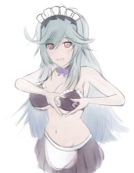 alternate_costume chaos_aurora_(grimms_notes) grimms_notes large_breasts light_blue_hair long_hair maid_bikini messy_hair red_eyes sketch smile tetrane168 unfinished