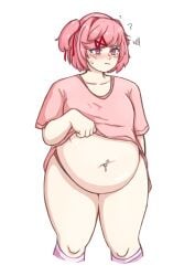 1girls big_belly blush clothed clothing color doki_doki_literature_club embarrassed exposed_midriff fat female female_only lifting muffin_top natsuki_(doki_doki_literature_club) navel navel_piercing piengoo pink_eyes pink_hair plump potbelly pudgy_belly tsundere weight_conscious weight_gain