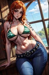 abs ai_generated bare_shoulders big_breasts bikini bikini_top bikini_top_only breasts curvy curvy_female curvy_figure female female_only huge_breasts long_hair looking_at_viewer muscular_female nami nami_(one_piece) navel one_piece orange_hair pants post-timeskip small_waist solo solo_female supr3metr wide_hips